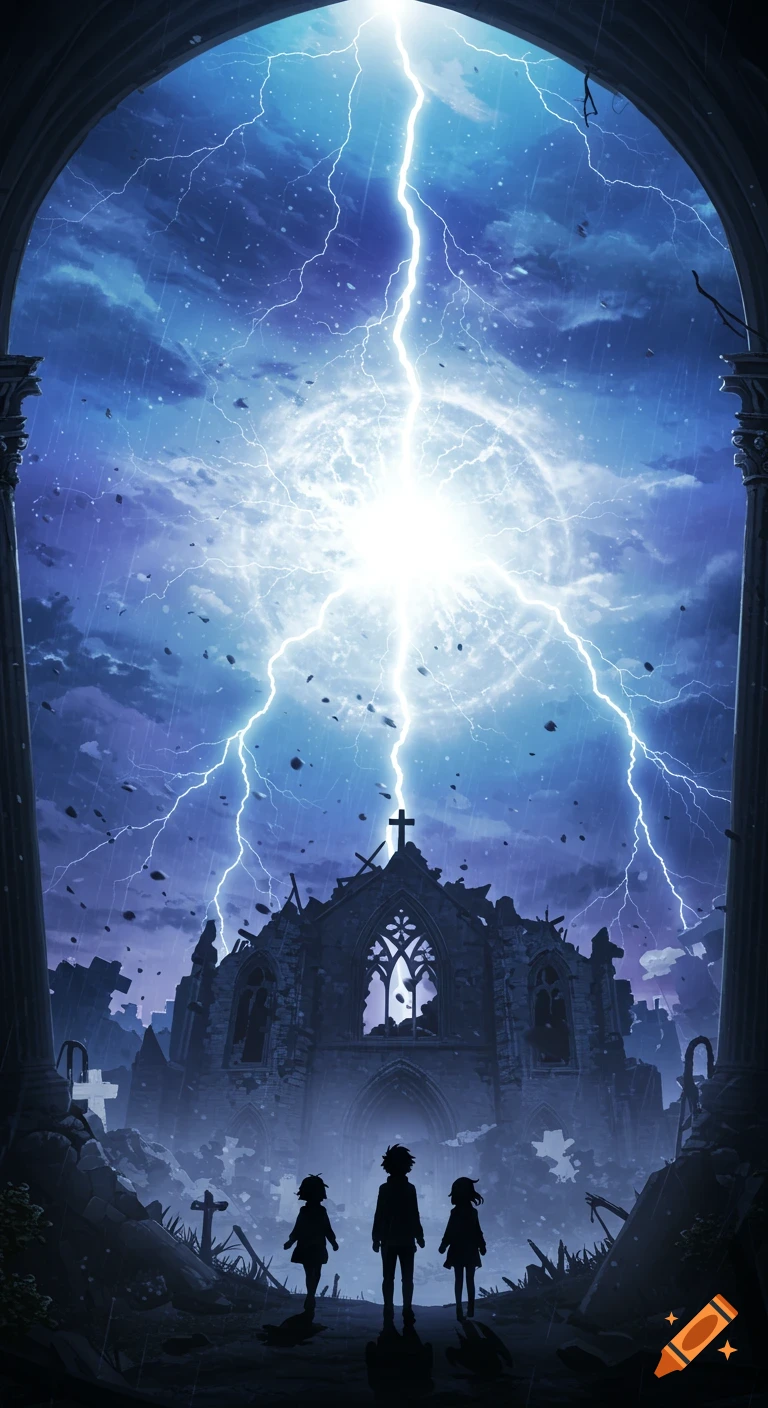 Anime drawing of three silhouetted teenagers looking at a ruined church under a stormy, lightning-filled sky with falling debris.