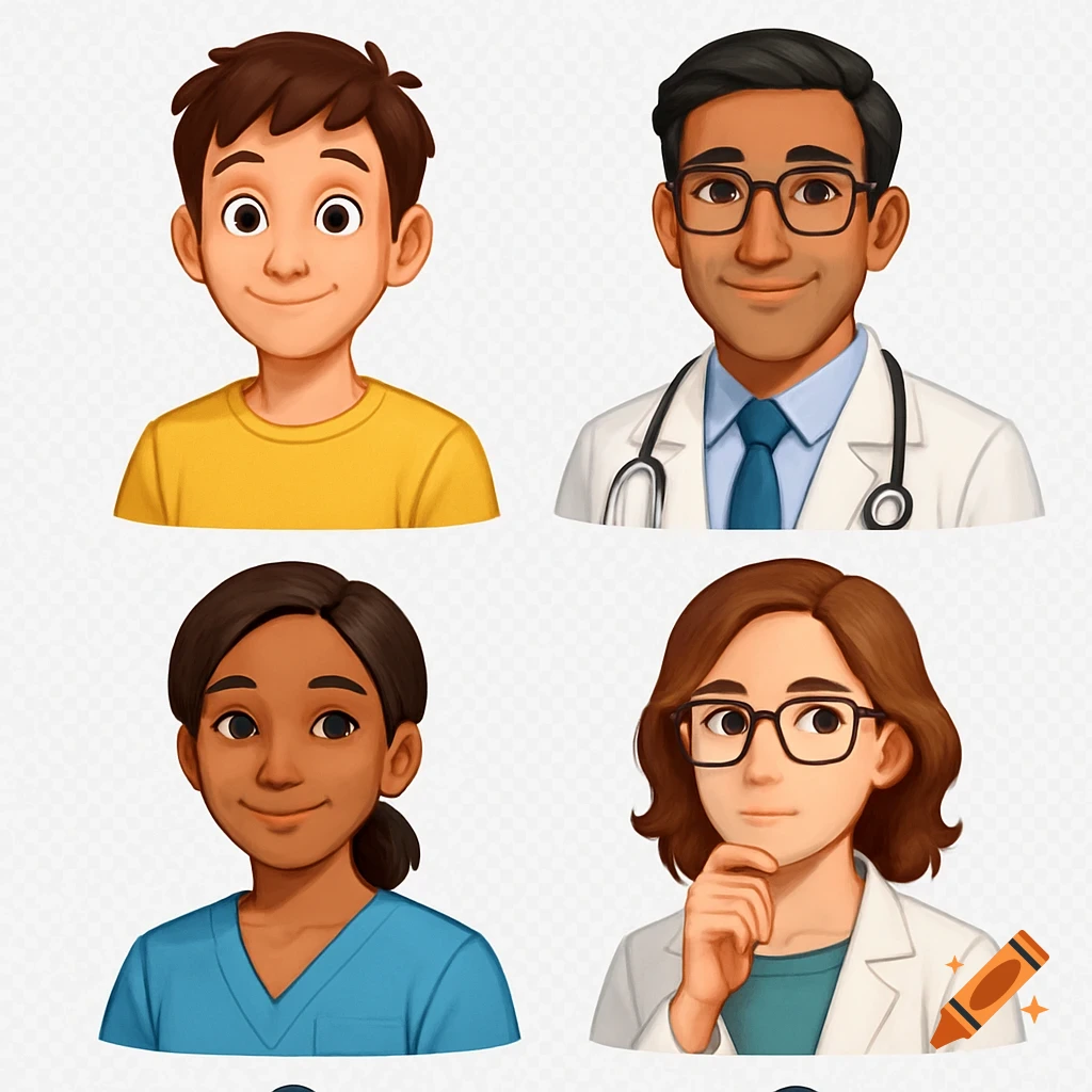 Four semi-realistic cartoon avatars: a boy in yellow, a male doctor with a stethoscope, a female nurse in scrubs, and a female researcher in glasses and a lab coat.