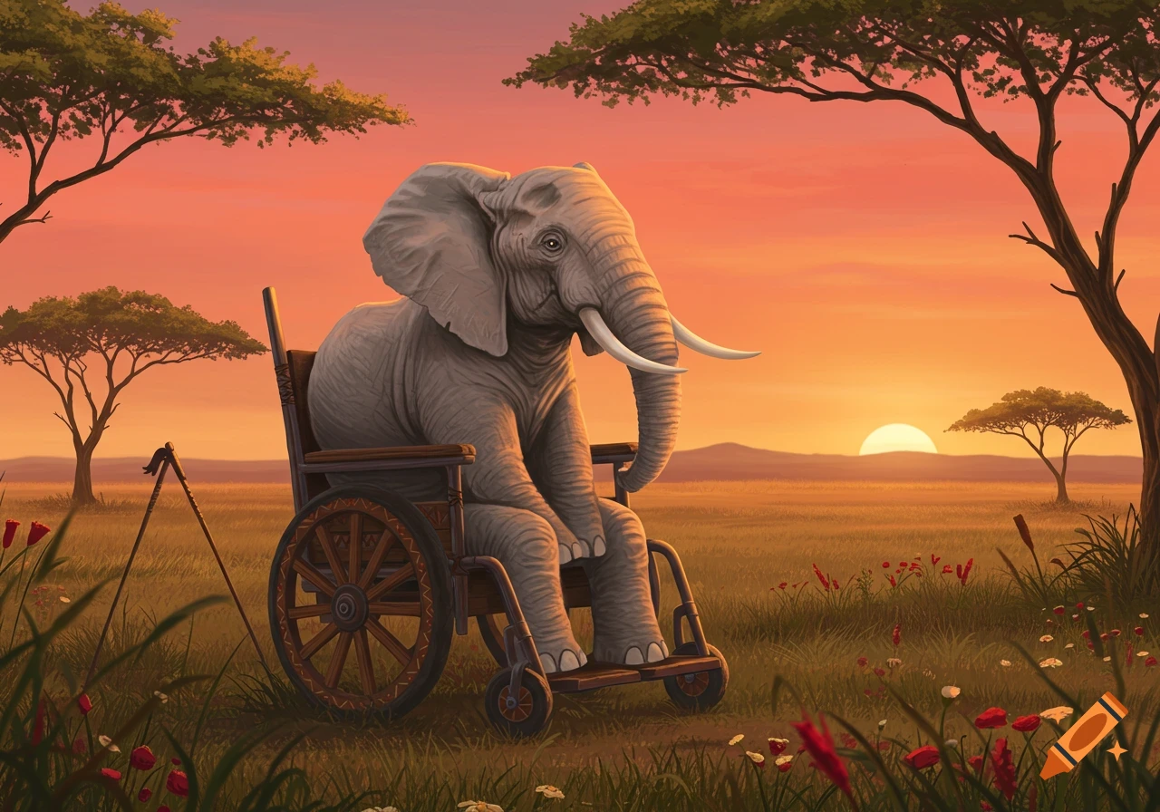 An elephant sits in a wooden wheelchair in a savanna landscape with acacia trees at sunset.