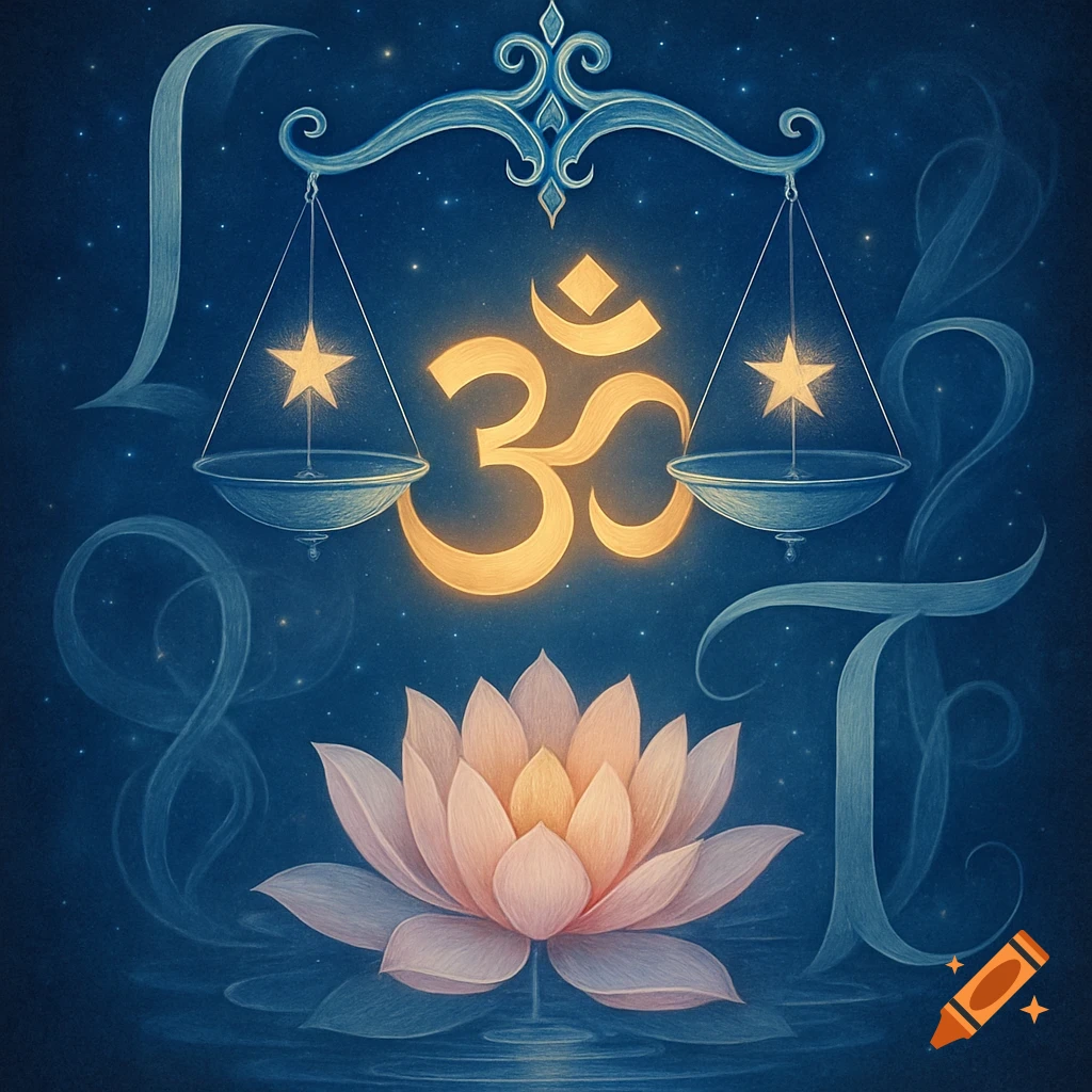 A mystical drawing featuring a glowing golden Om symbol, a blue Libra scale, a pink lotus, and stylized capital letters L and T against a starry, dark blue background.