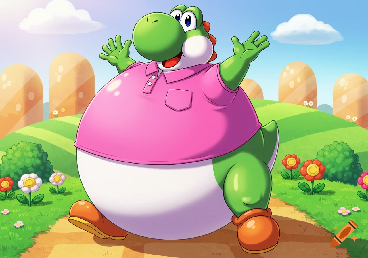 An inflated Yoshi in a pink polo shirt stands with arms raised on a path in a vibrant green cartoon landscape.