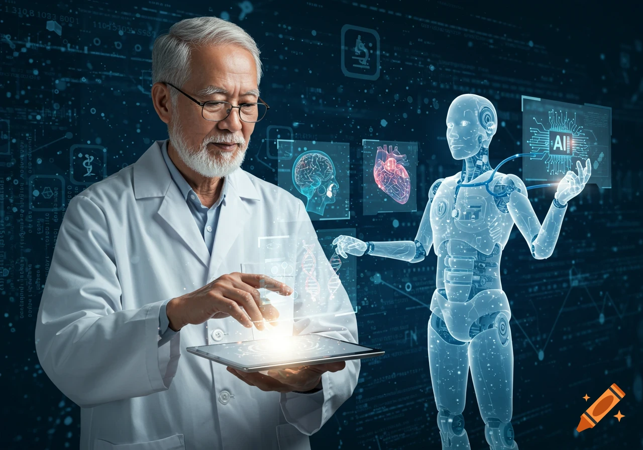 A futuristic illustration shows a scientist in a lab coat interacting with holographic projections from a tablet, next to a transparent AI robot.
