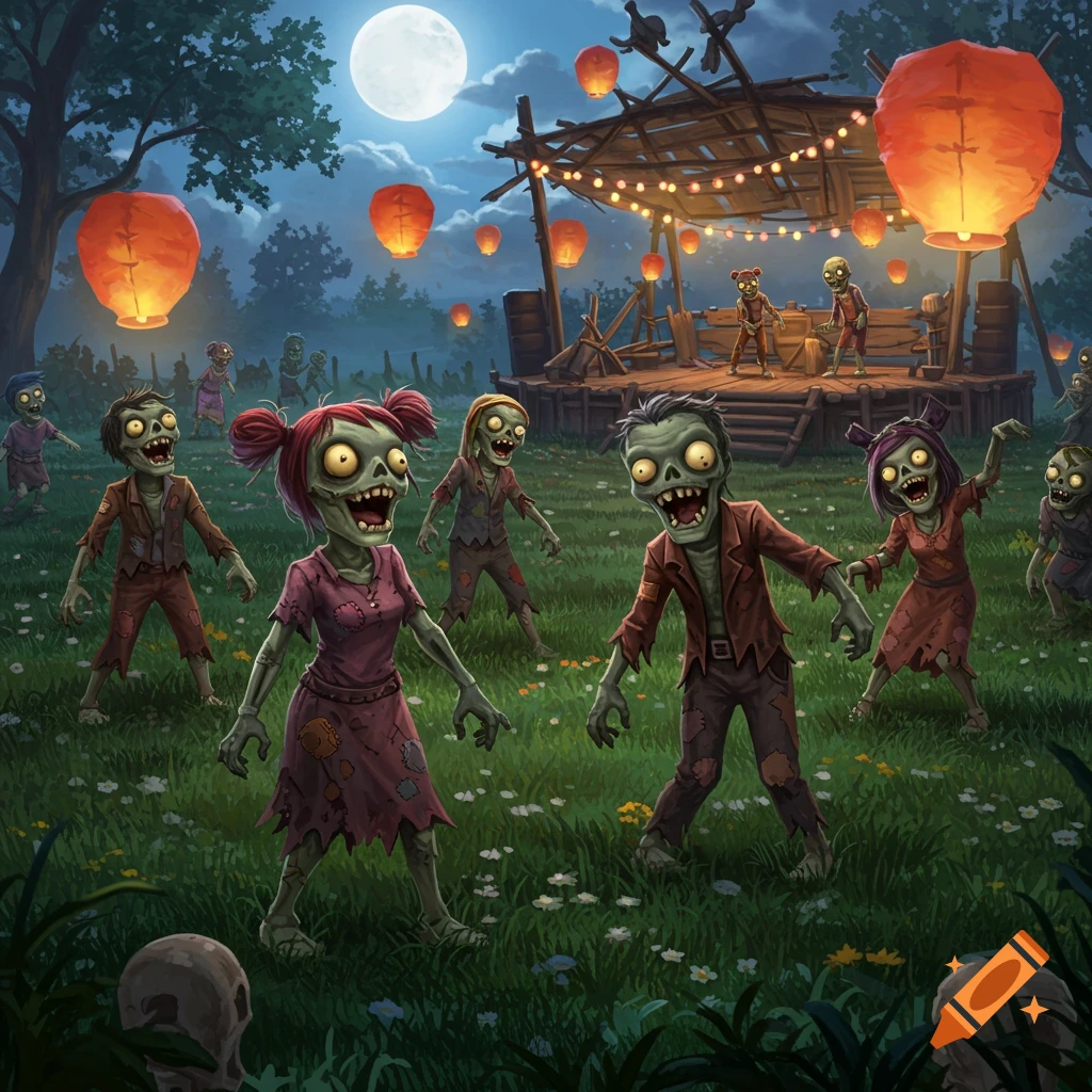 Cartoon zombies gather in a grassy field at night under a full moon with glowing lanterns and a wooden stage.