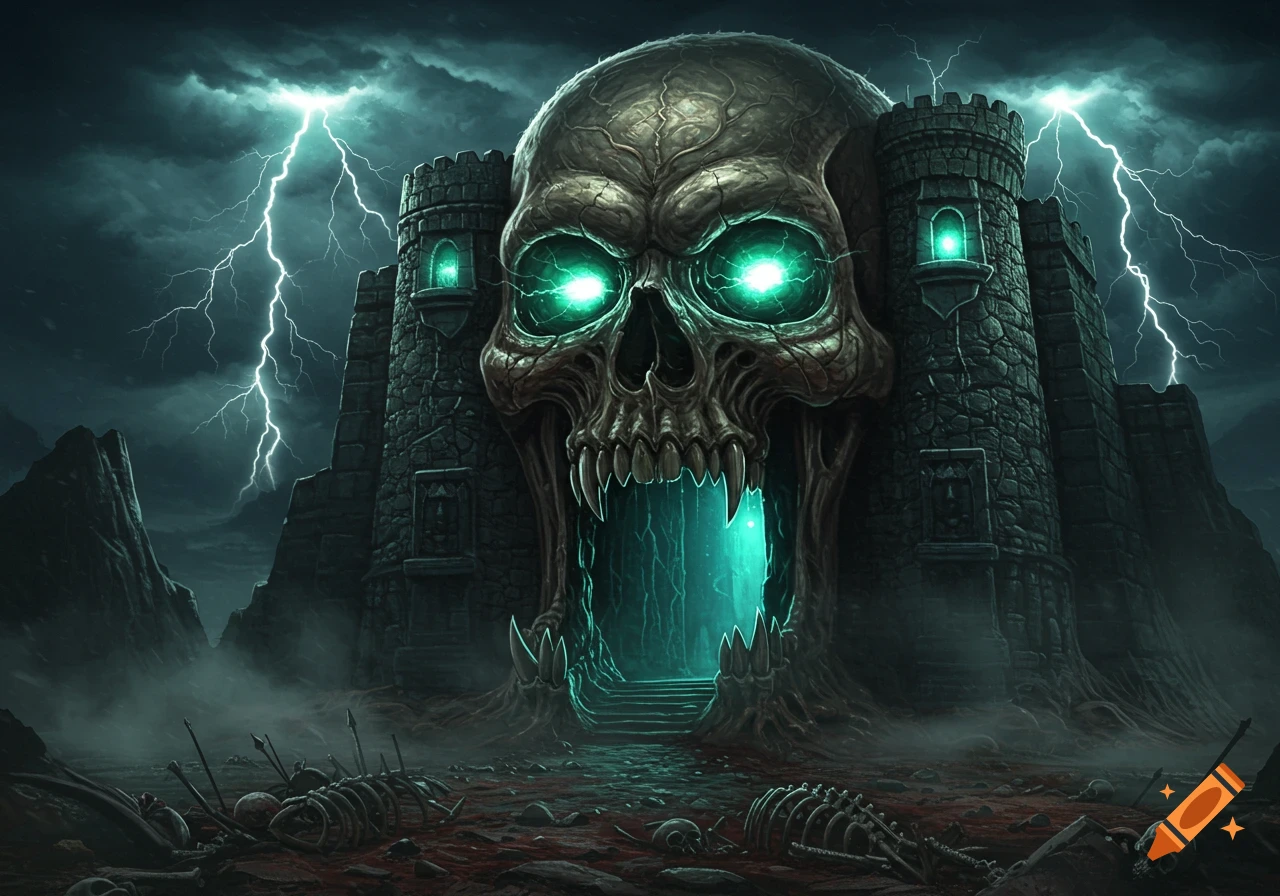 An ominous skull-shaped castle with glowing green eyes, its mouth forming a gate, under a lightning-filled stormy sky. Skeletons lie on the ground.