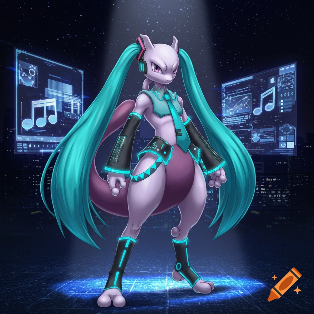 Mewtwo dressed in a teal and black Hatsune Miku Vocaloid costume with long pigtails, standing on a futuristic stage with glowing screens in the background.