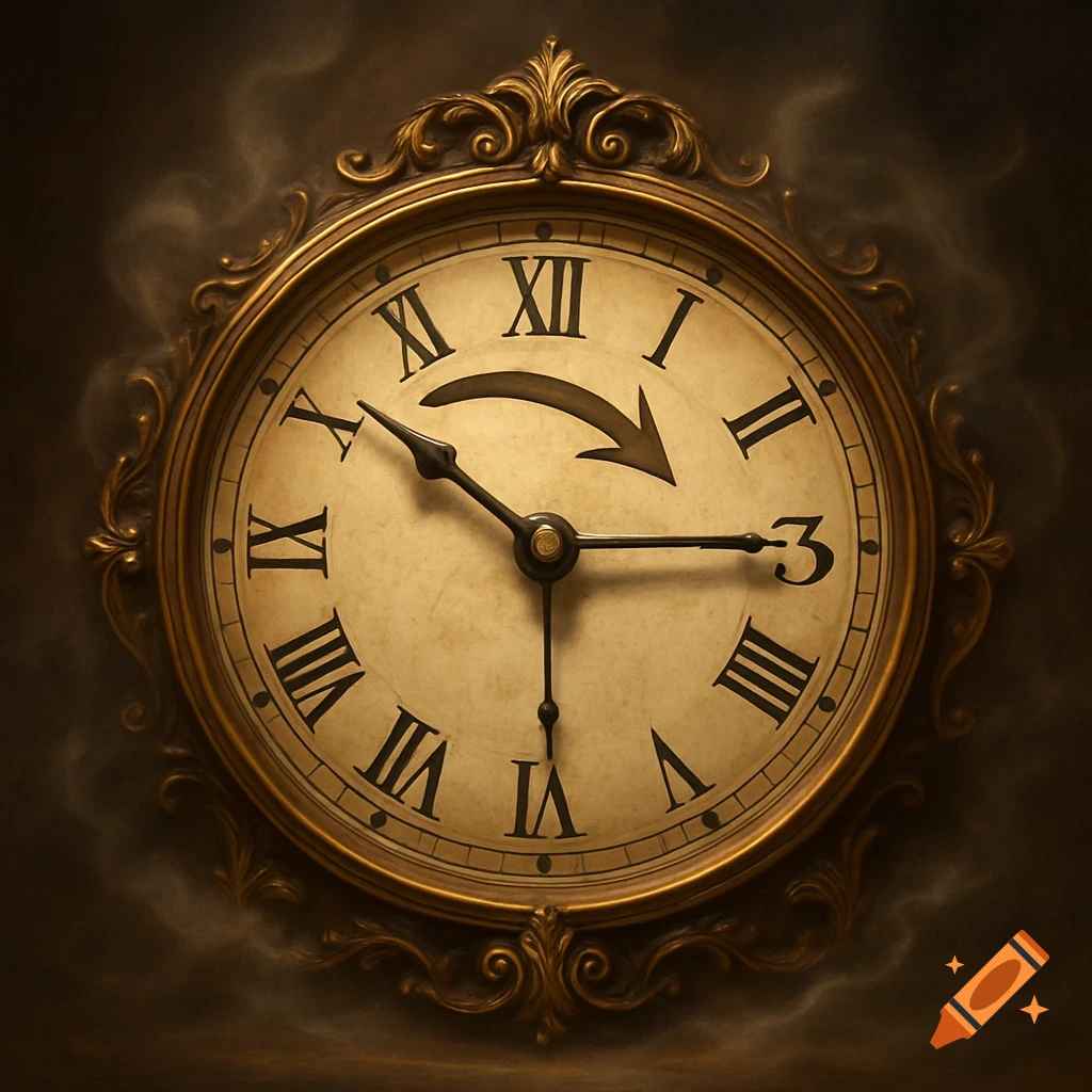 An ornate, vintage clock with Roman numerals on a cream face, depicting an arrow reversing time from 4:00 to 3:00. The clock features a detailed gold frame and is set against a dark, smoky background.