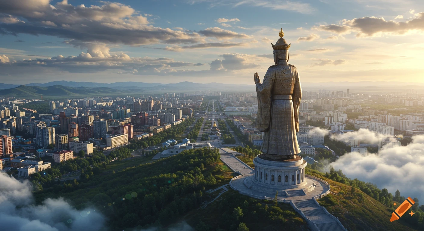A colossal bronze statue stands on a hill, overlooking a vast city bathed in the golden light of sunrise, with misty clouds.