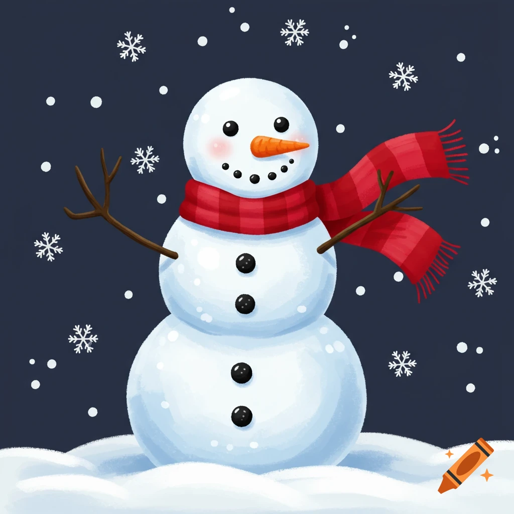 A cute, cartoon snowman with a red scarf, carrot nose, and stick arms stands in falling snow against a dark blue background.