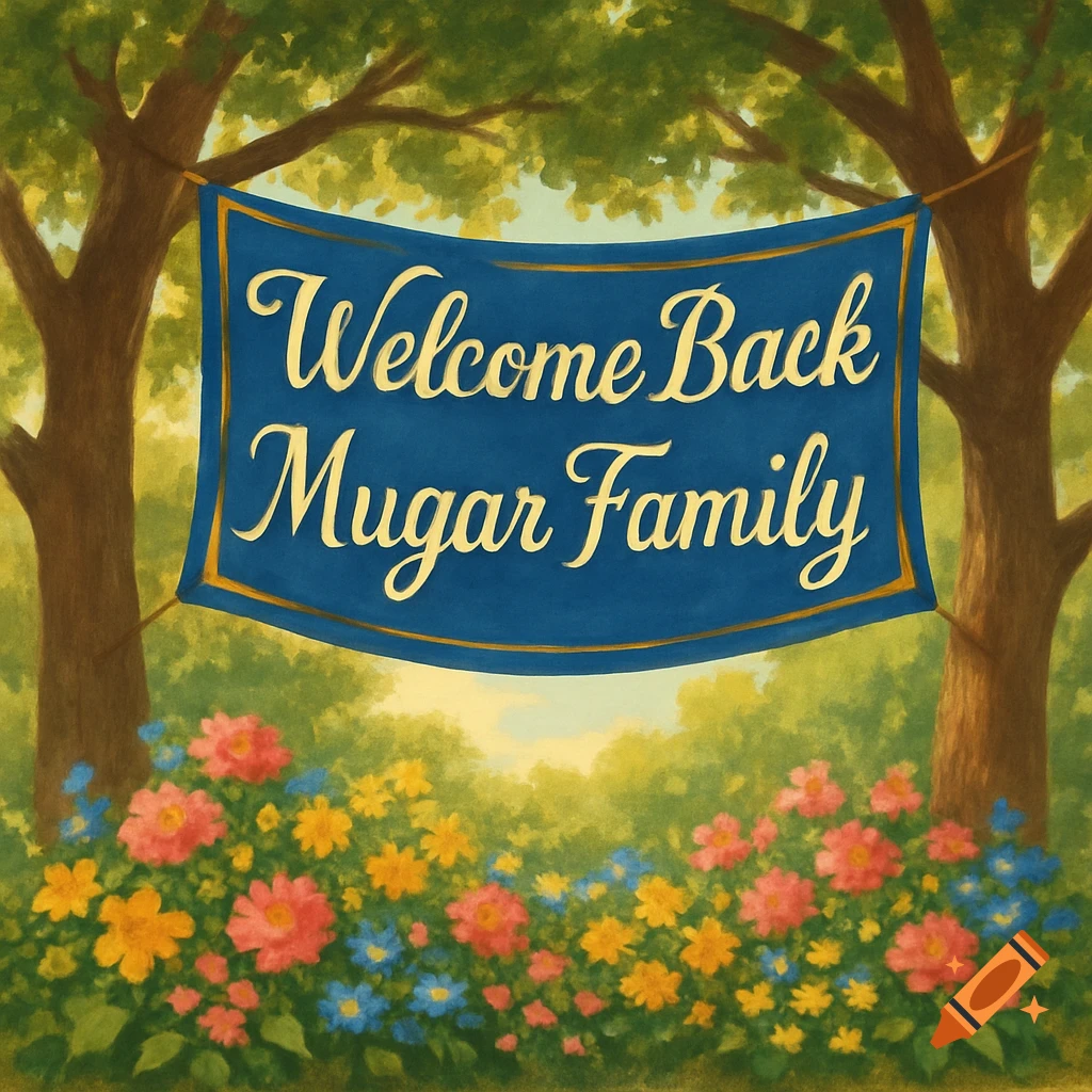 A painted blue banner reading "Welcome Back Mugar Family" hangs between two trees, surrounded by colorful flowers in a lush garden.