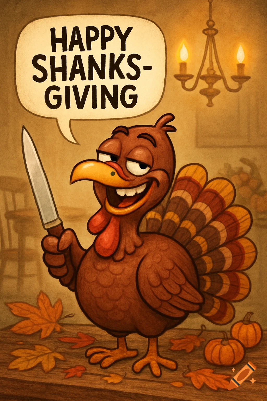 A cartoon turkey holding a knife says "Happy Shanks-Giving" in a speech bubble, surrounded by autumn leaves and pumpkins.