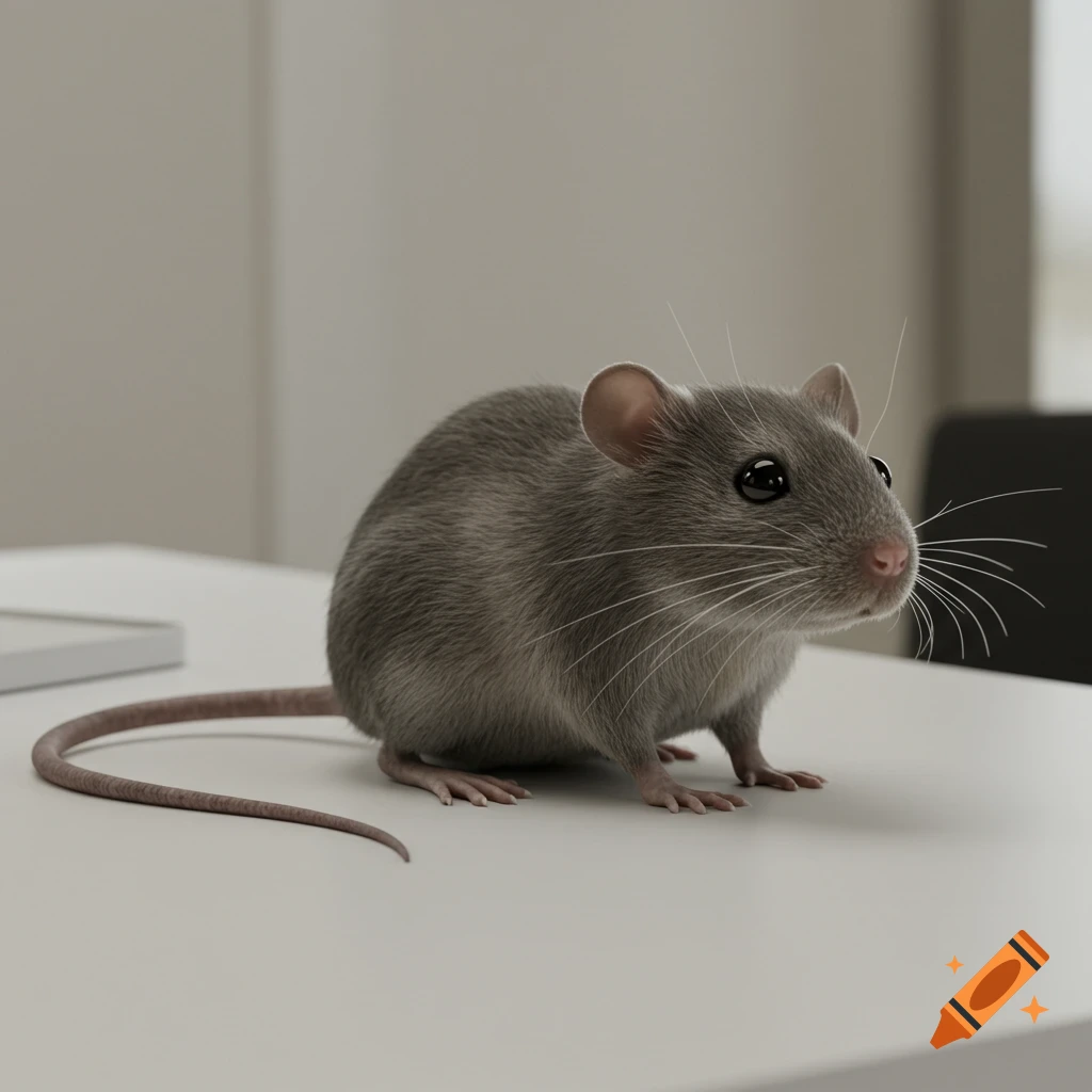 A realistic gray mouse with large black eyes sits on a bright white surface.