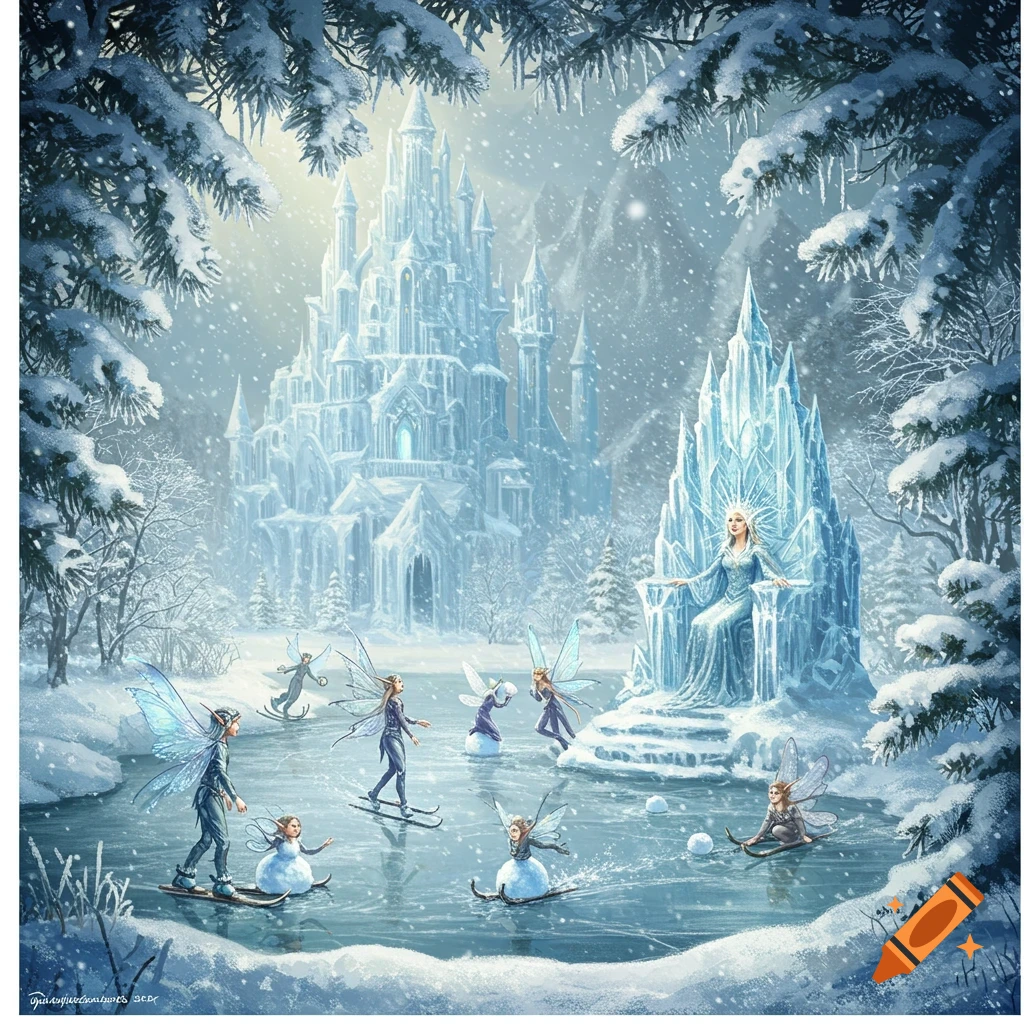 A magical winter fantasy scene with an ice queen on a throne, fairies skating on a frozen pond, and a large ice castle.