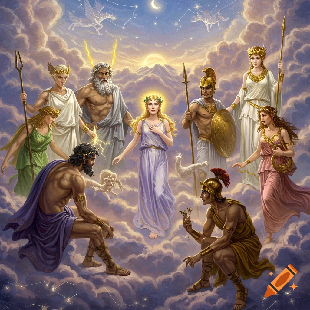 A detailed painting of Olympian gods and Psyche gathered on clouds, beneath a starry sky with constellations and a crescent moon.