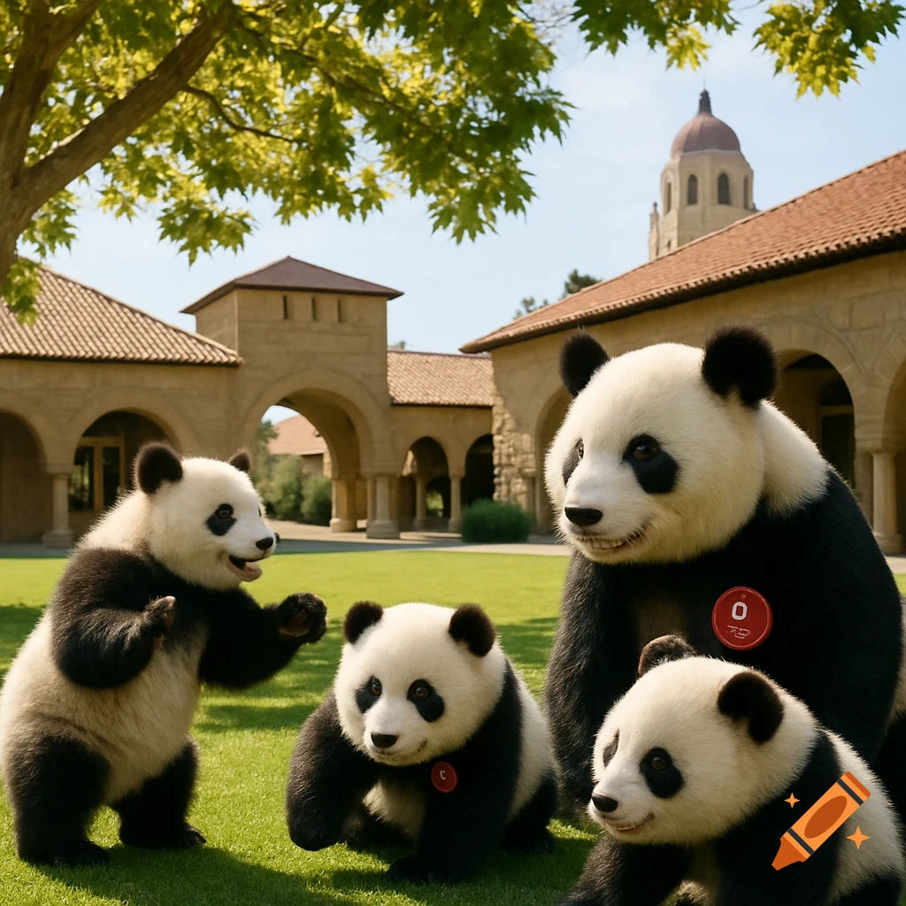 Four pandas, including an adult and three cubs, on a grassy lawn in front of historic university buildings.