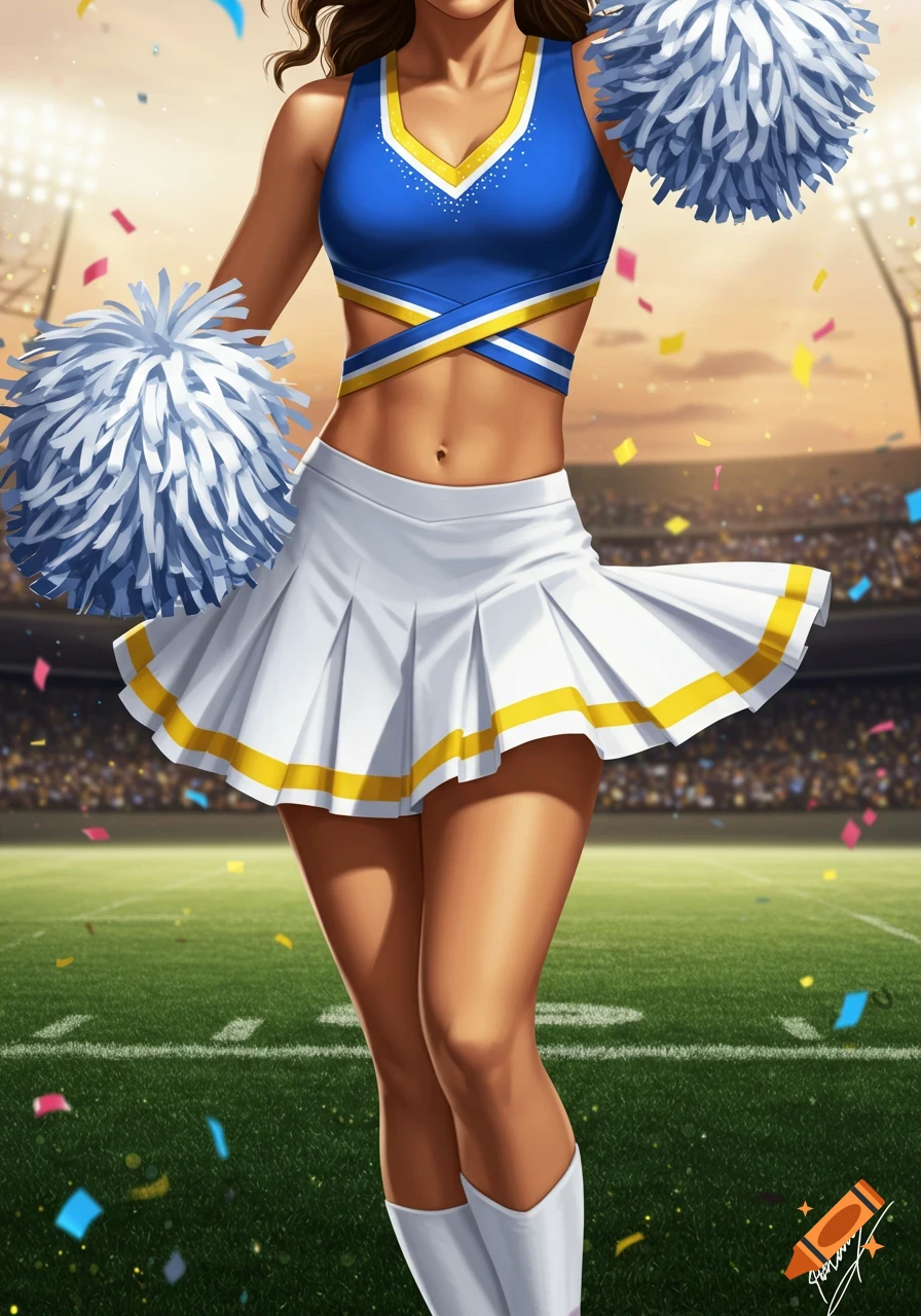 A cheerleader in a blue, white, and yellow uniform with pom-poms, standing on a football field in a stadium.