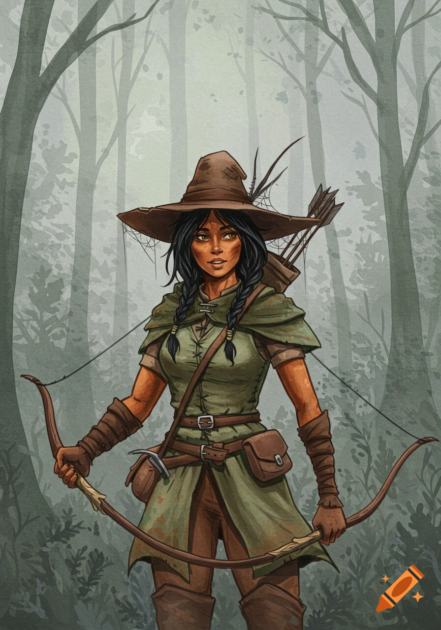 A watercolor illustration of an amber-skinned female ranger with black braids and a pointed hat, holding a bow in a misty forest.