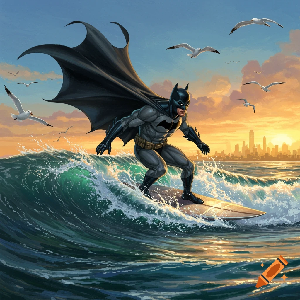 Batman surfs a large ocean wave with a city skyline and sunset in the background, seagulls flying overhead. Comic art style.