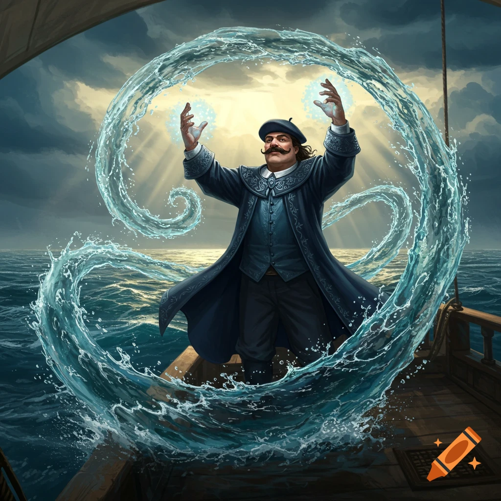 A magical tidesage in a beret and long coat stands on a ship, conjuring a swirling vortex of water from the ocean.