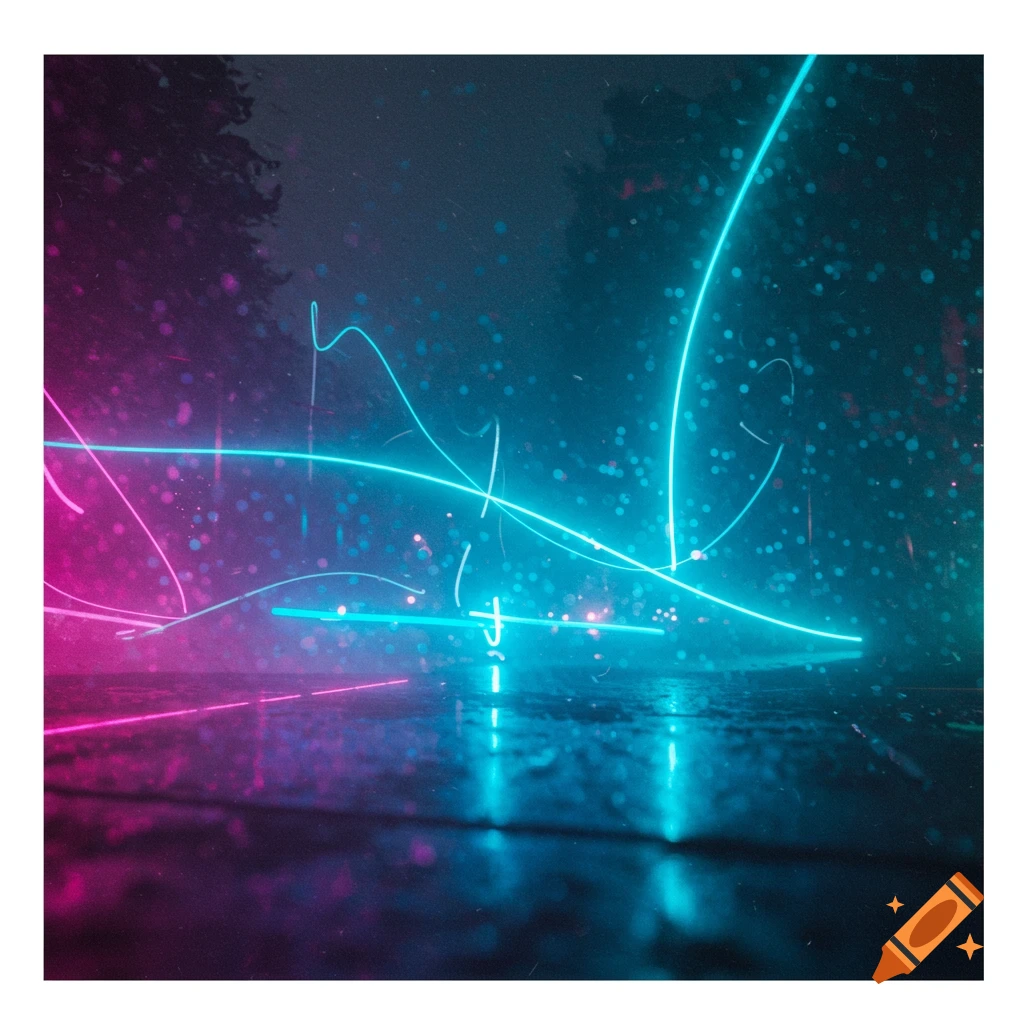 Abstract neon blue and pink light streaks reflect on a wet dark surface with a grainy, hazy texture.