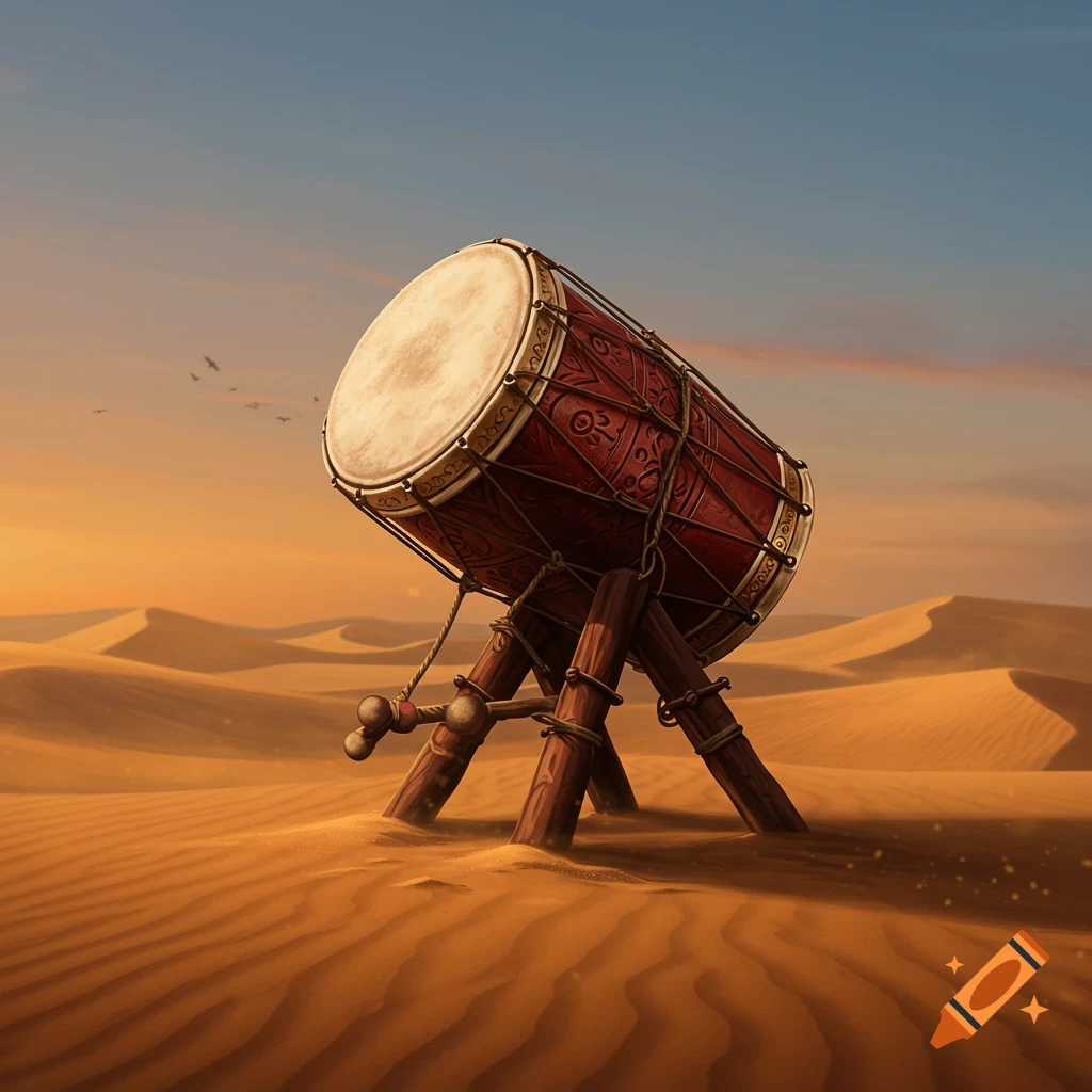 A large, ornate drum on a wooden stand in a desert with sand dunes under a sunset sky.