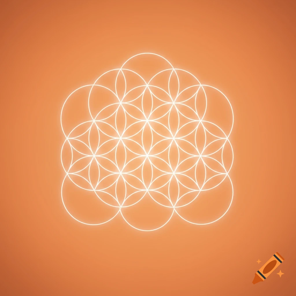A glowing white Seed of Life sacred geometry pattern, made of seven overlapping circles, on a soft peach background.