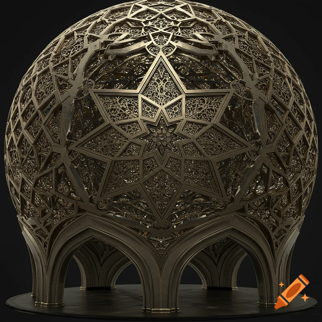 A detailed metallic dome with intricate Islamic geometric patterns, an eight-pointed star, and an open arched base.