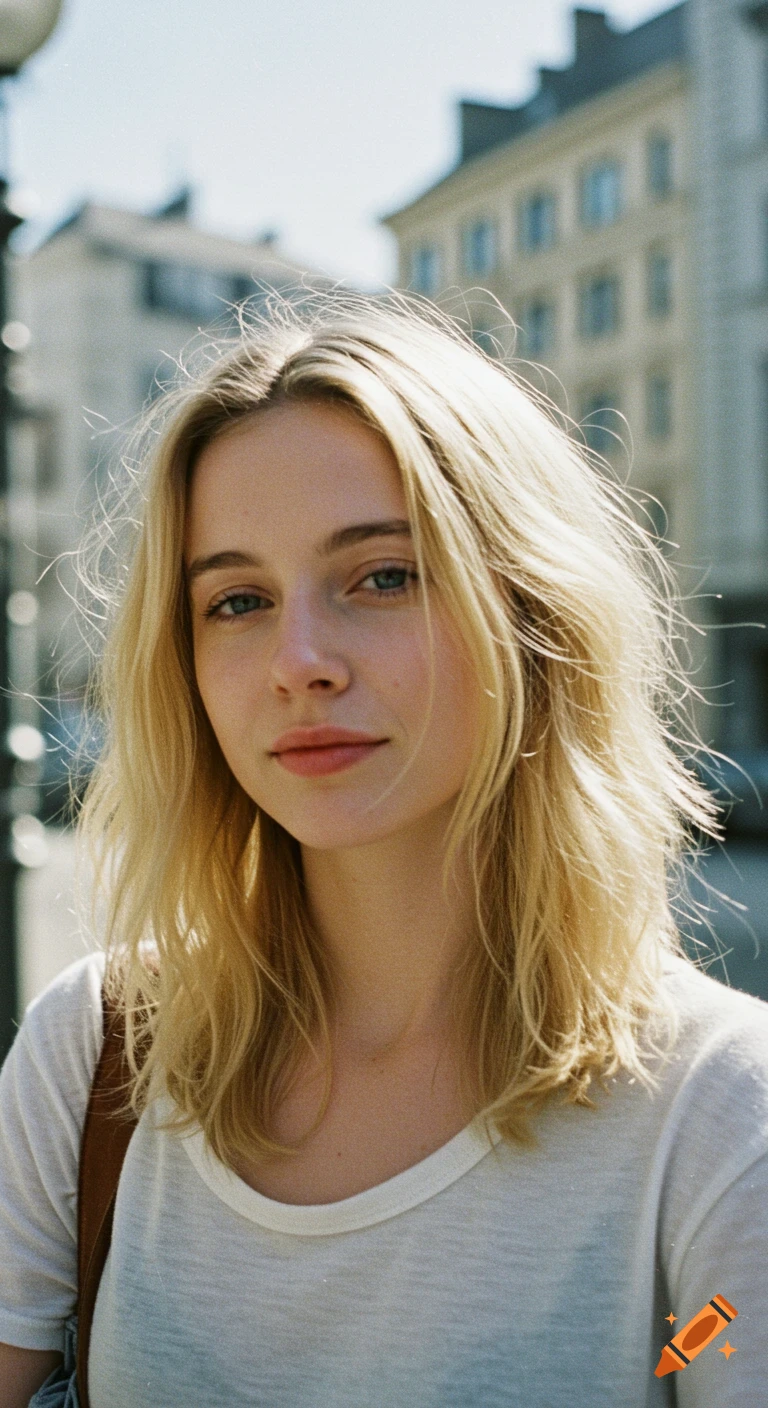 Photorealistic portrait of a young blonde woman looking at the camera outdoors with a blurry urban background.