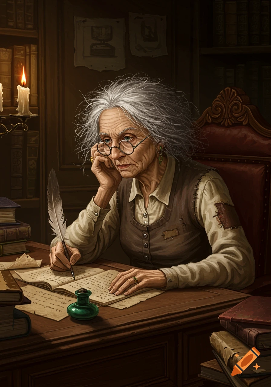 An old woman with white, disheveled hair and glasses writes with a quill and ink in a dimly lit, old library by candlelight.