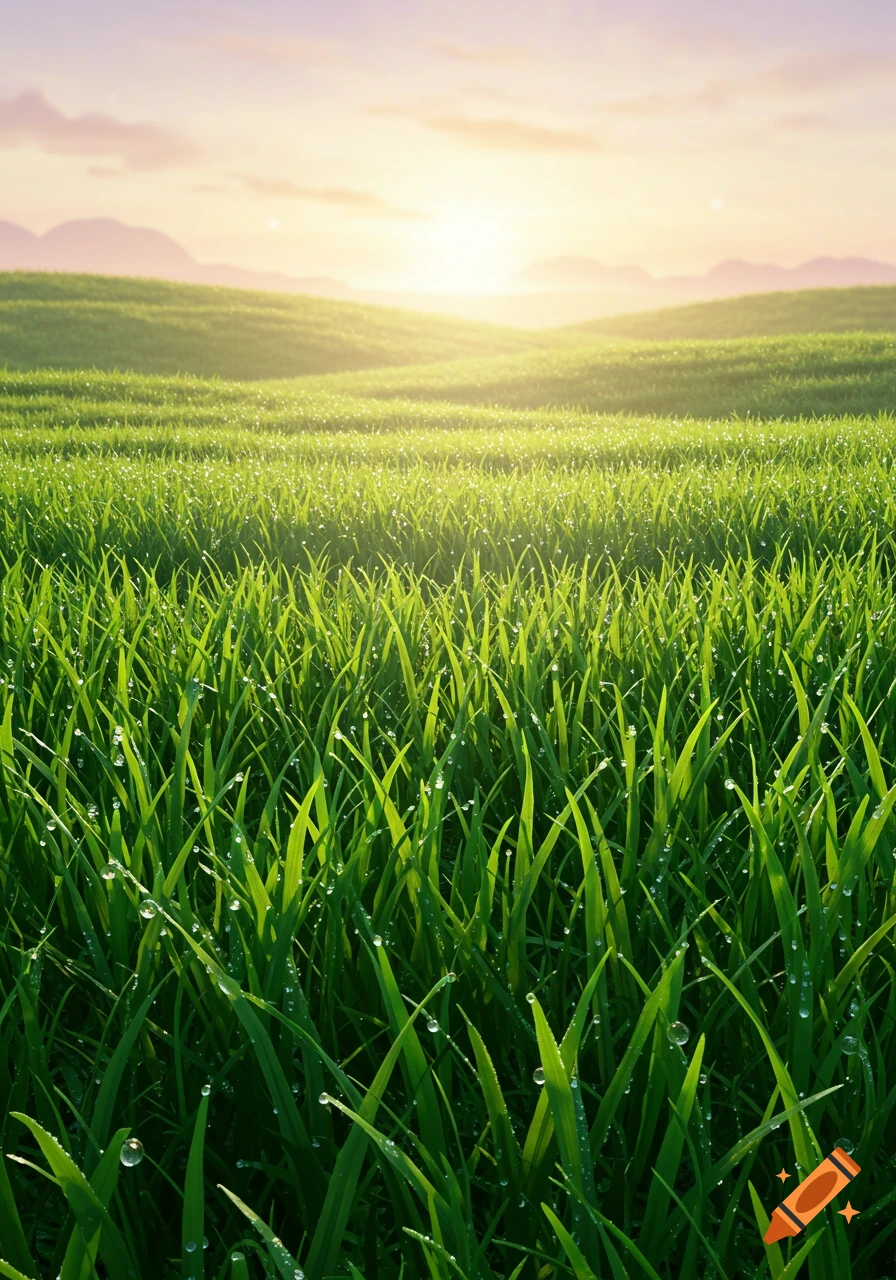 Lush green grass with dew drops sparkles in the morning sunlight over rolling hills.