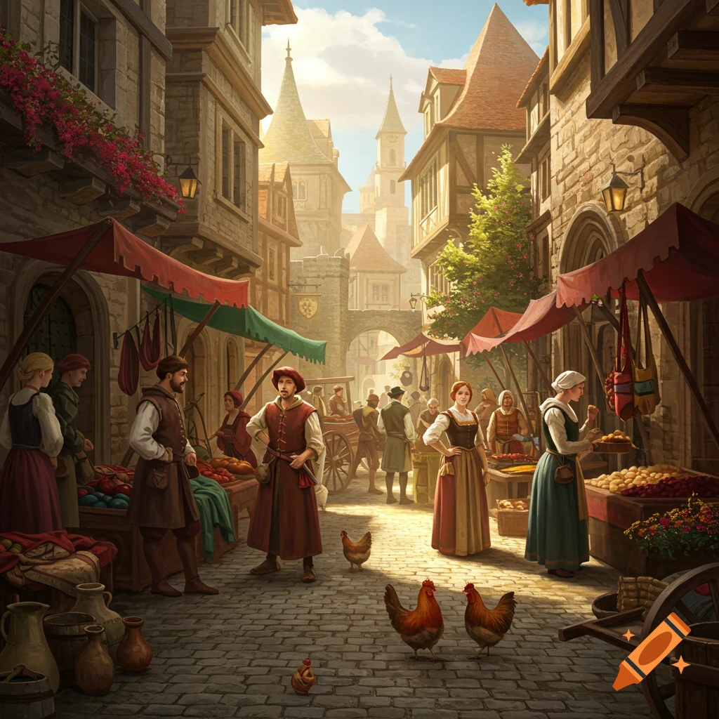 A bustling medieval market street with vendors, shoppers, chickens, and old European-style buildings under a sunny sky.
