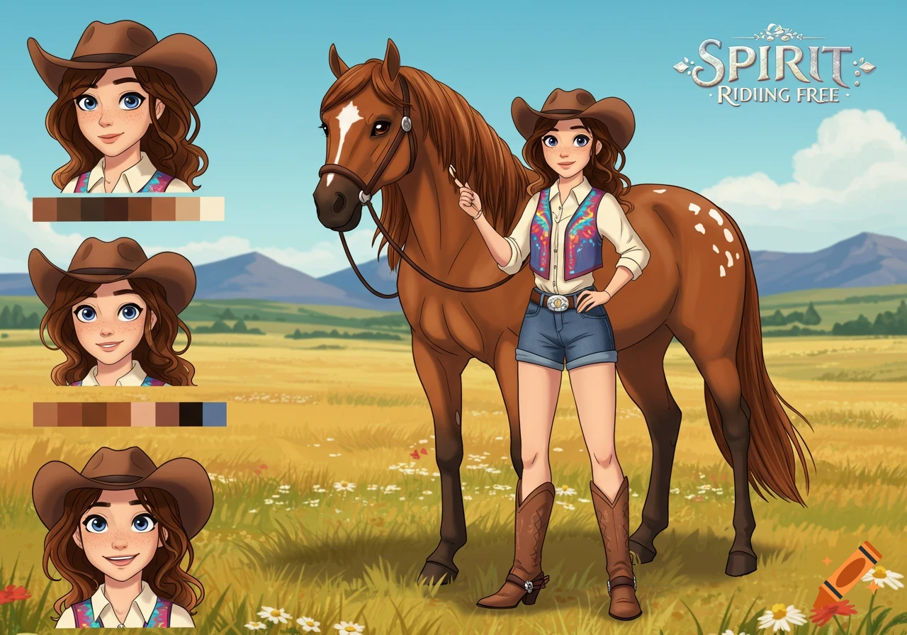 A cartoon cowgirl in a cowboy hat, colorful vest, denim shorts, and boots stands next to her brown horse in a grassy field with mountains in the background. "SPIRIT RIDIIING FREE" text is in the top right.