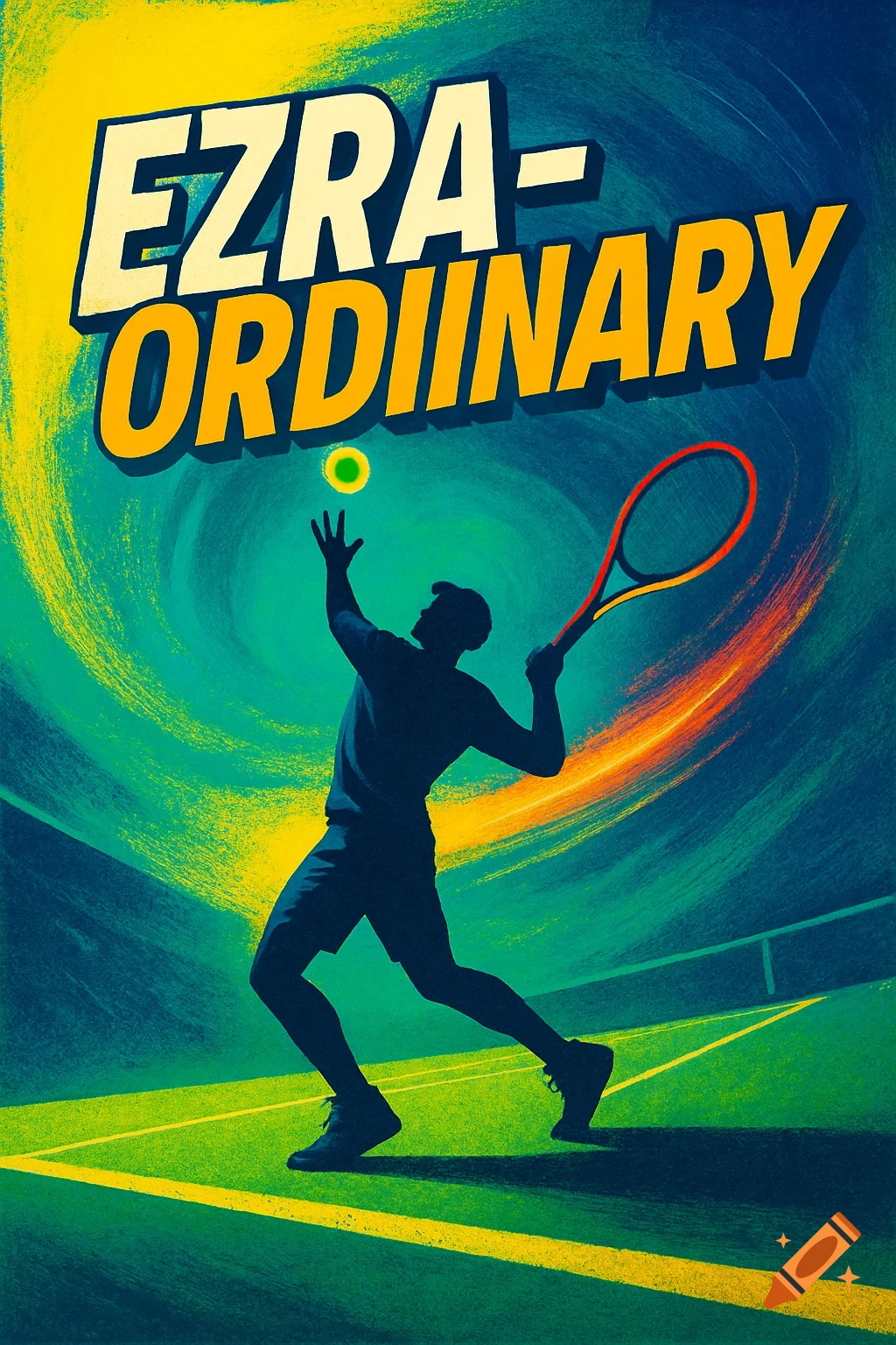 Colorful poster art shows a silhouetted tennis player serving a ball under the text "EZRA-ORDINARY" with swirling green and yellow background.