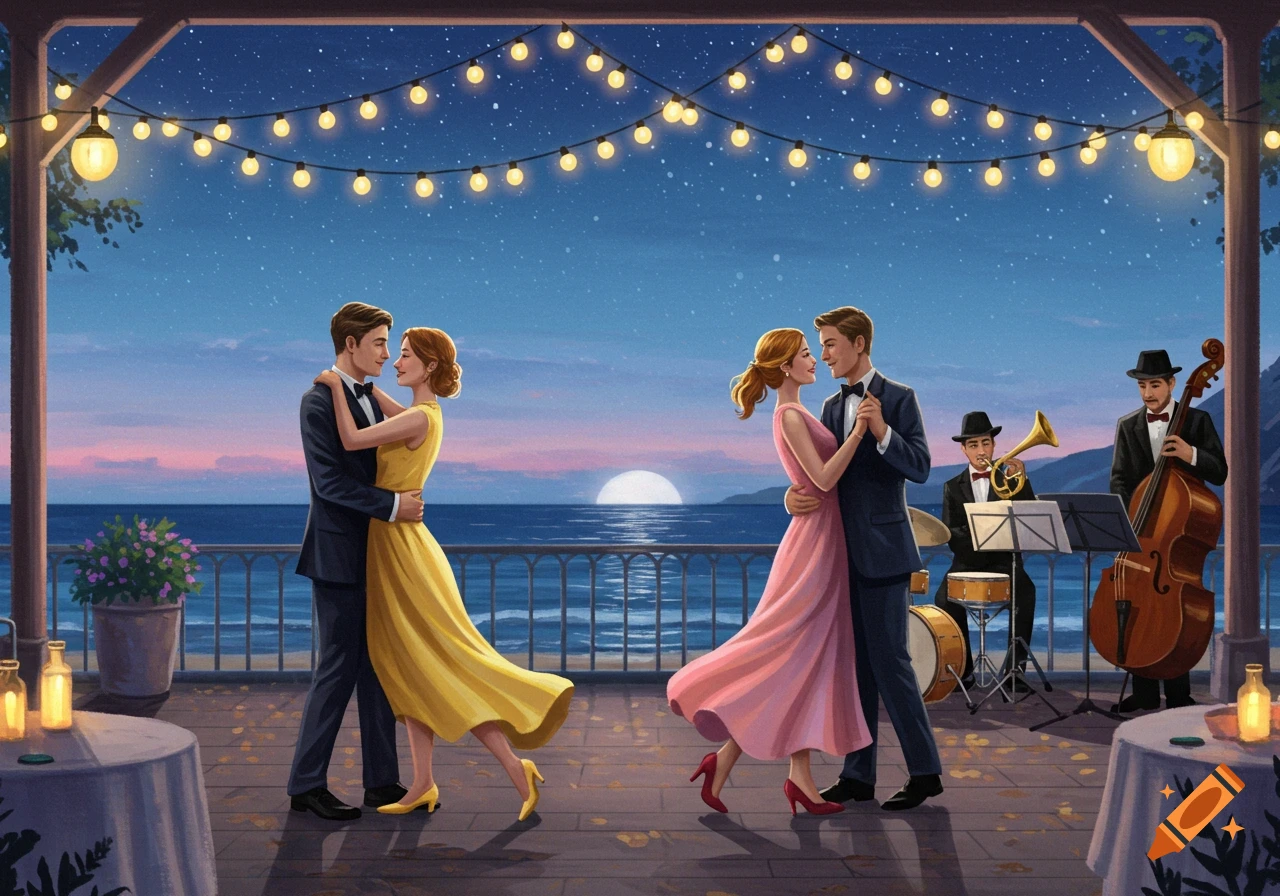 Two couples dance on an oceanfront patio under string lights, with a band playing in the background at twilight. Illustrated style.