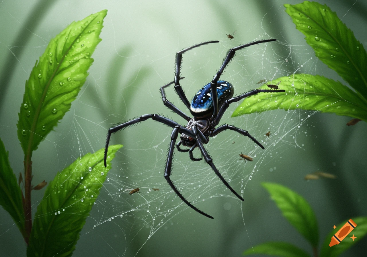 A black spider with a blue spotted abdomen on a dewy spiderweb between bright green leaves, with small insects caught in the web.