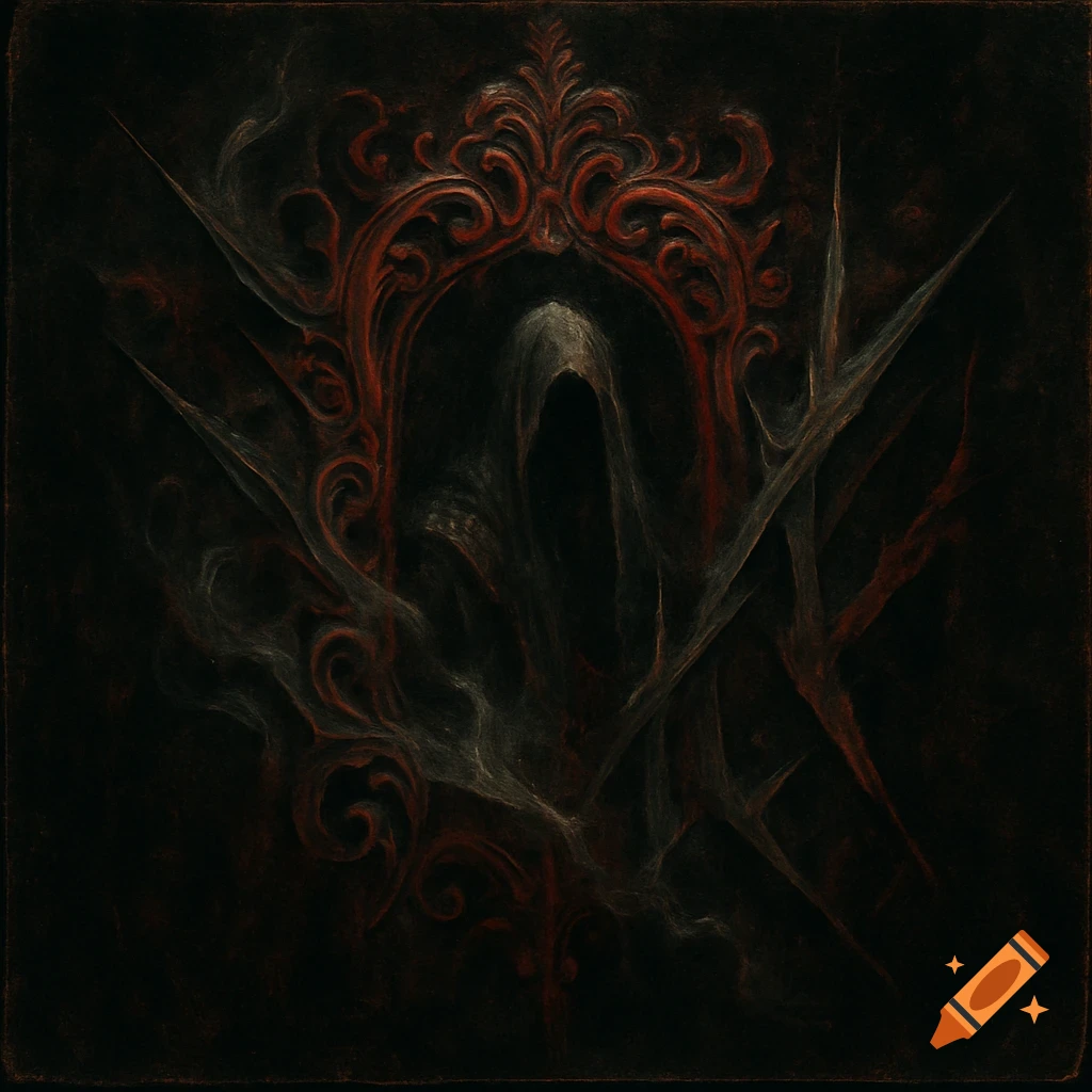 A dark, shadowy hooded figure centered in an ornate red and gray gothic frame with abstract tendrils, in a vintage style.