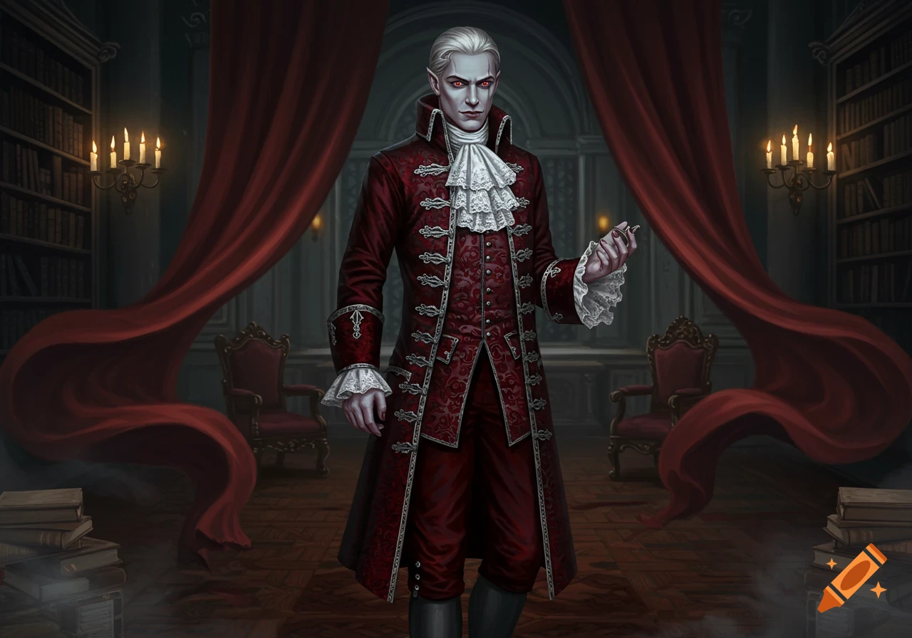 A pale, white-haired male vampire in ornate red gothic attire with red eyes stands in a dark, ornate library.