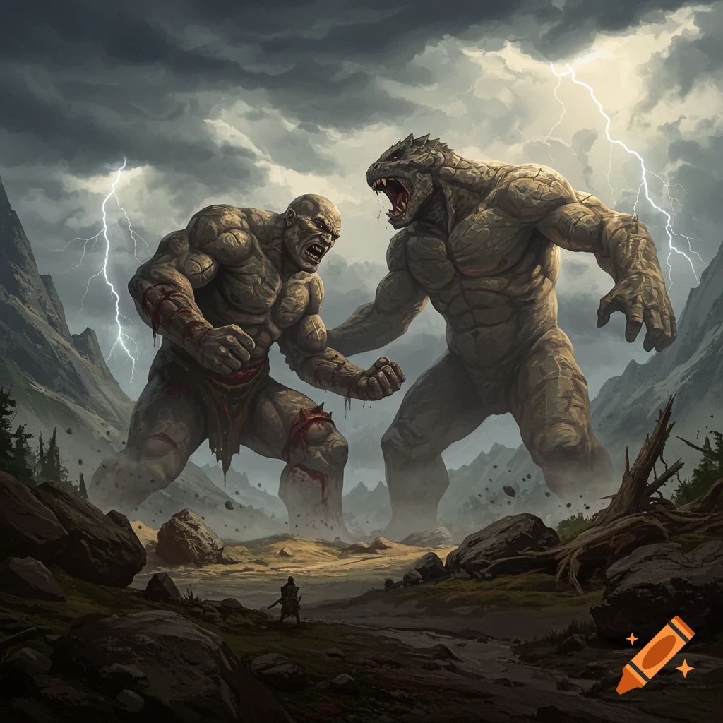 Two colossal, muscular giants with rough skin brawl in a rocky mountain valley under a stormy sky with lightning, a small figure watches.