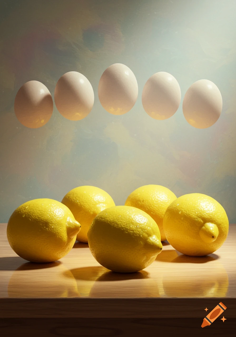 Five fresh lemons with water droplets sit on a wooden table, with five floating eggs above them in a soft, painterly background.