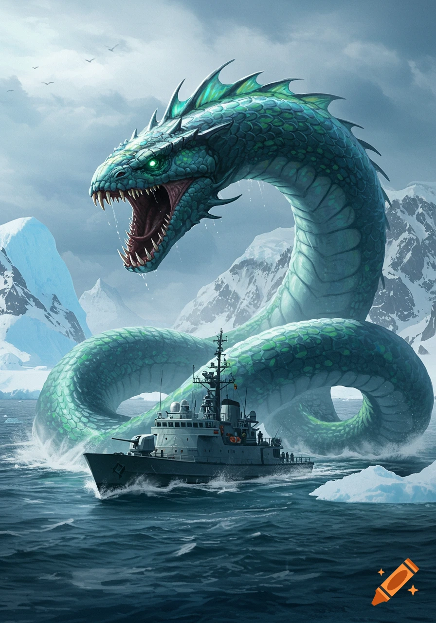A massive green sea serpent with glowing eyes emerges from icy waters behind a military boat in an arctic landscape.