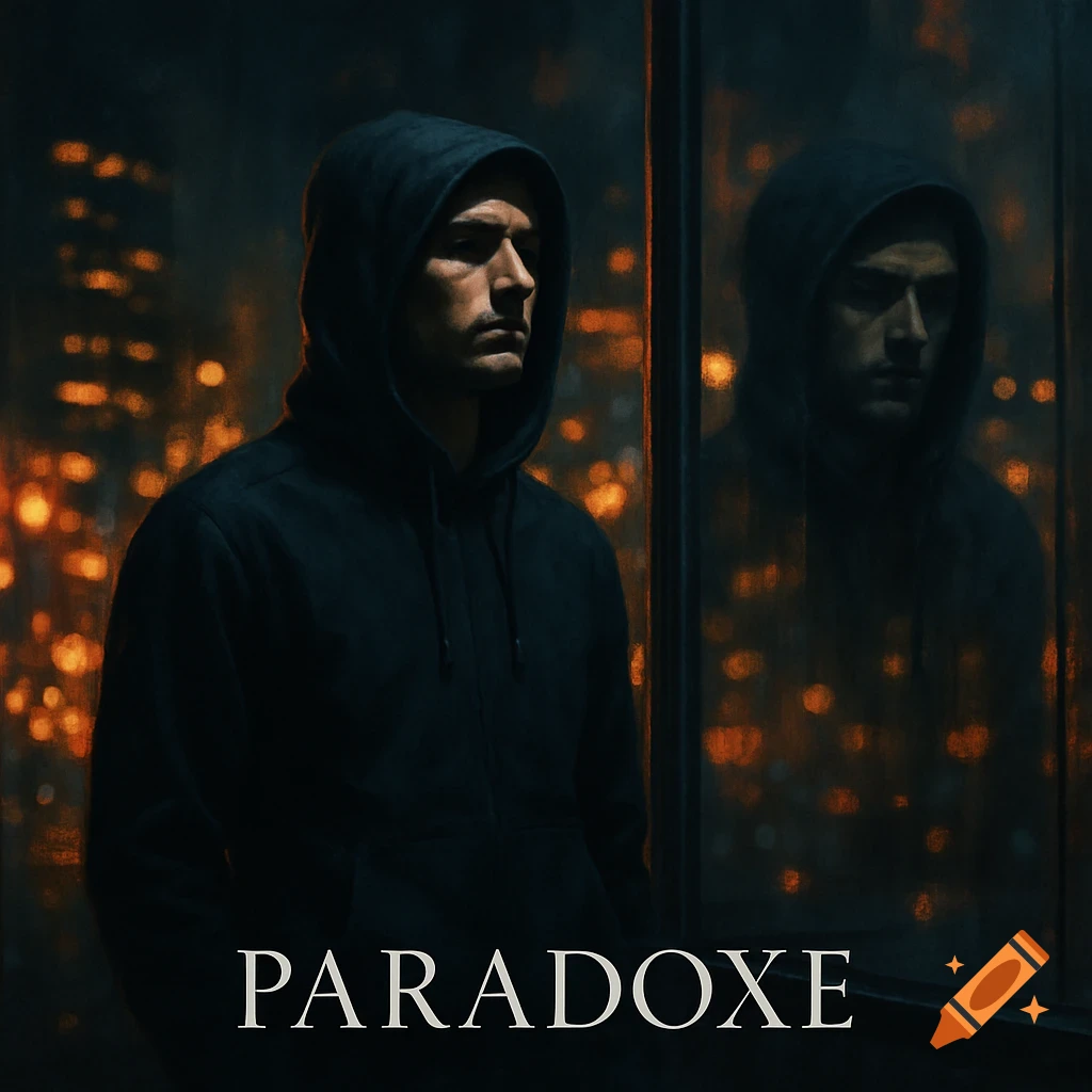 A man in a black hoodie stands before a window reflecting a city at night, his reflection visible. Text 'PARADOXE' at bottom.