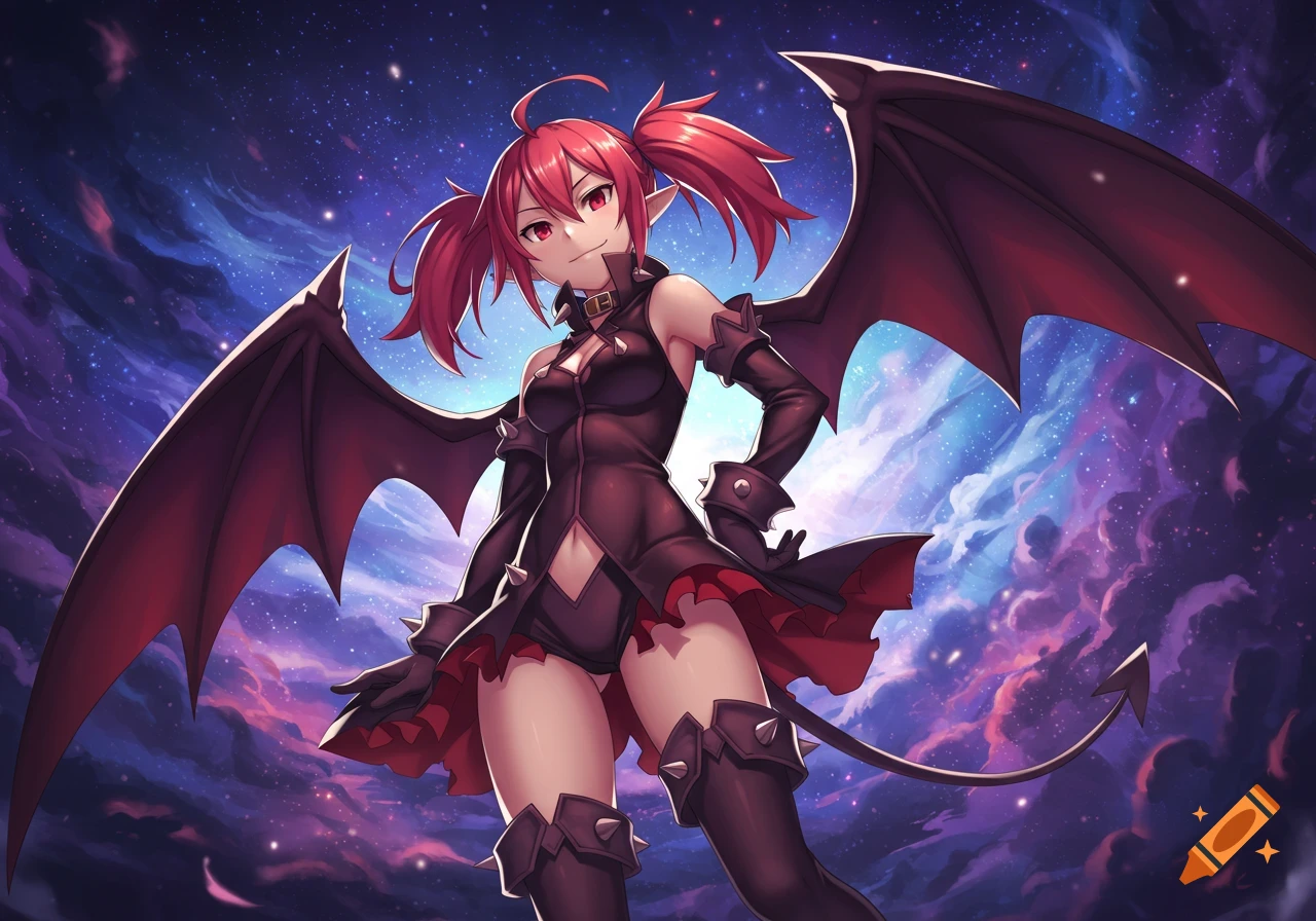 Anime demon girl Etna with red pigtails, red eyes, black outfit, large wings, and tail, smirking against a starry nebula background.