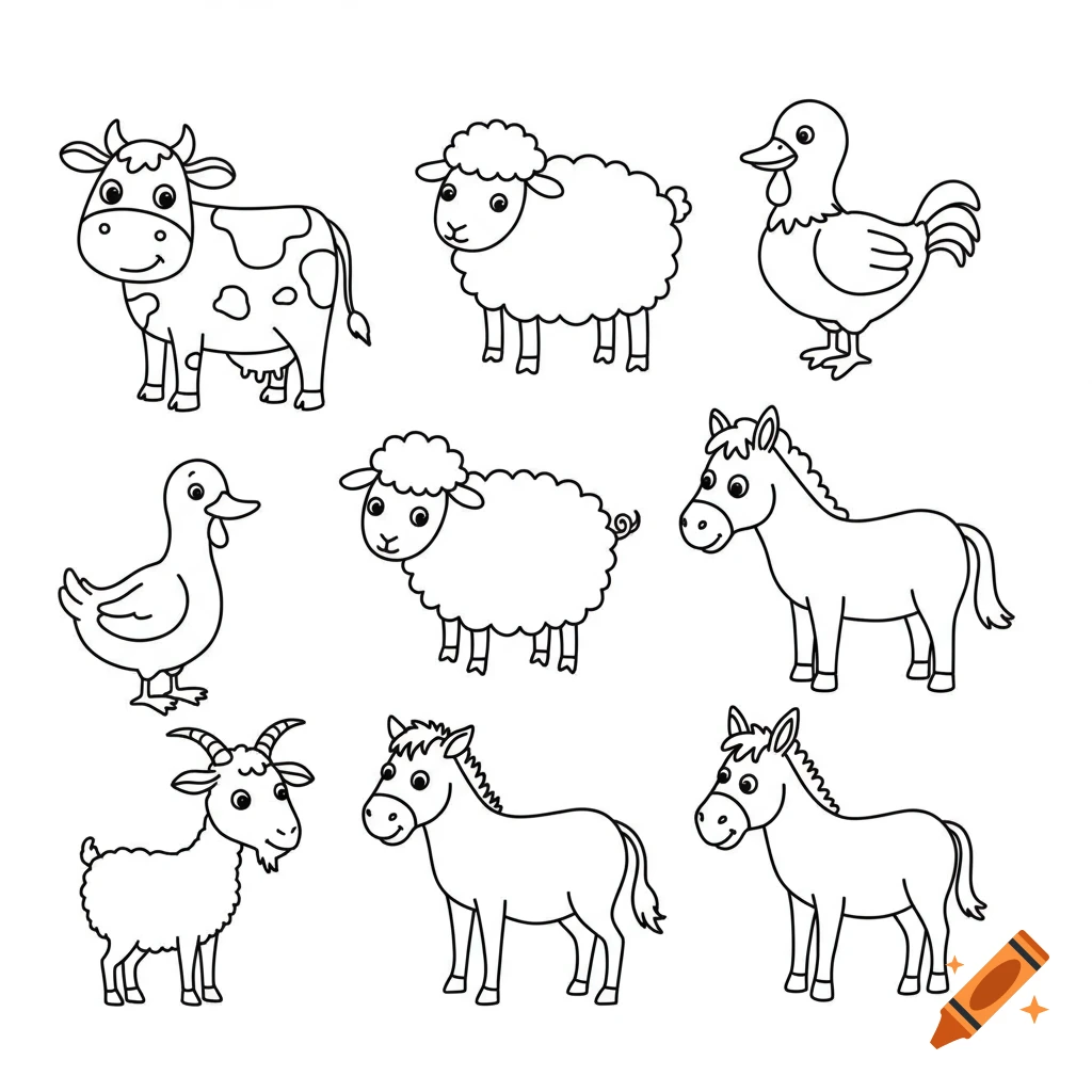 A coloring book page with nine cartoon farm animals: a cow, two sheep, two ducks, a goat, and three horses.