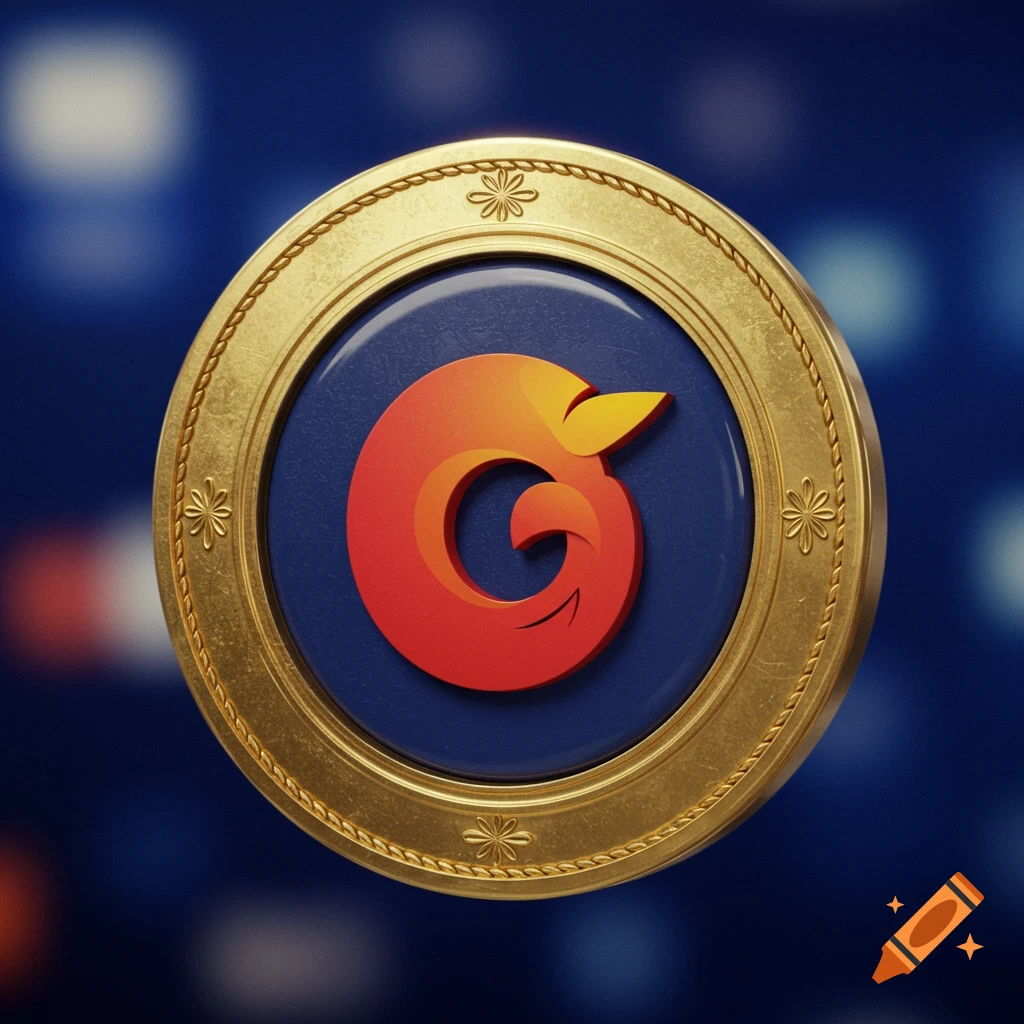 A 3D rendered gold medal featuring a stylized orange and red fox-like logo on a blue background, set against a blurred blue backdrop.