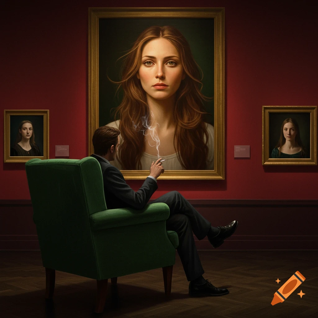 A man in a suit sits in a green armchair, smoking, admiring a large portrait of a woman with long brown hair in an art gallery.