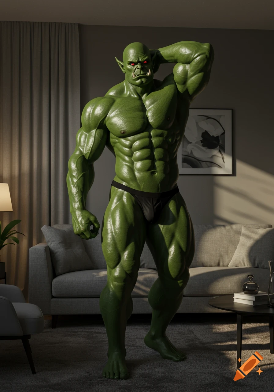 A muscular green orc in a black jockstrap flexes his bicep in a photorealistic depiction within a quiet living room.