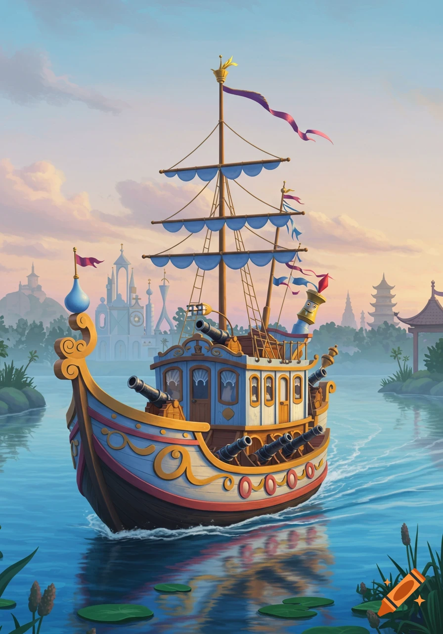 A colorful, stylized boat with cannons sails on a river past fantasy castles and pagodas under a pastel sky.