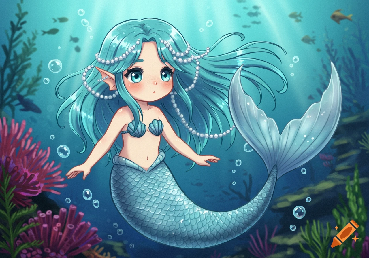 A cute anime-style mermaid with teal hair adorned with pearls, wearing a shell top, swimming in a vibrant underwater scene.
