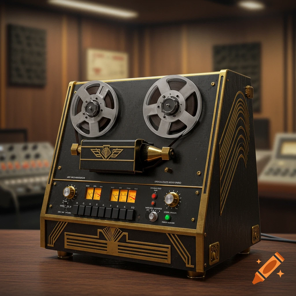A detailed art deco reel-to-reel tape machine with gold accents and a dark finish on a wooden table.
