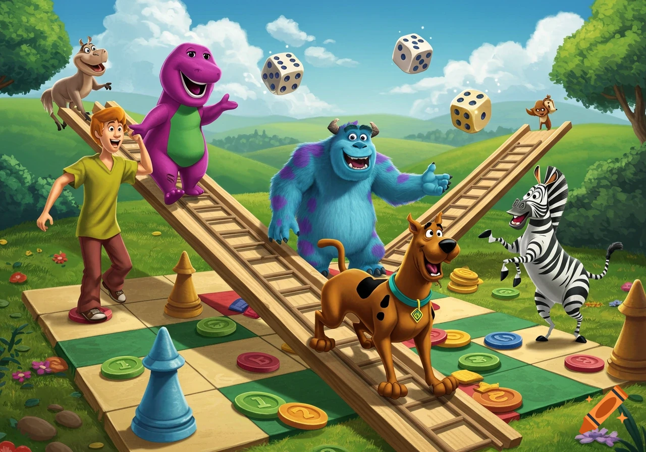 Cartoon characters Shaggy, Barney, Sully, Scooby-Doo, a horse, a chipmunk, and a zebra play a chutes and ladders style board game on a grassy hill under a blue sky.