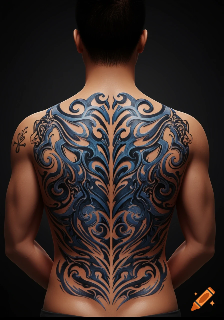 A man's back is adorned with a large, intricate blue and black tribal-style tattoo against a dark background, photorealistic.